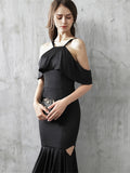 Black  Sheath Halter Short Sleeves Split-Front Asymmetry Evening Dress