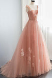 Appliques Straps Long Pink Tulle Flowers Prom Dress