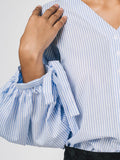 Striped V Neck Balloon Sleeve Shirt