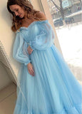 Tulle Off-the-shoulder Blue A-line Prom Dresses With Lace Appliques