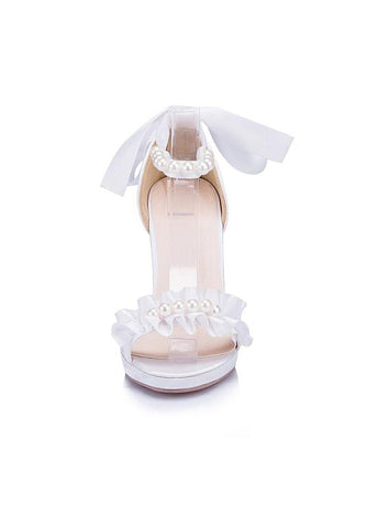 Simple Satin Upper Open Toe Stiletto Heels Wedding/ Bridal Party Shoes With Pearls