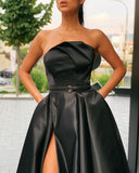 A-Line Black Satin Strapless Pleats Prom Dress With Side Split