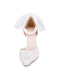 Sweet Lace Upper Pointed Toe Stiletto Heels Wedding/ Bridal Party Shoes With Ribbon & Pearls