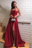 Side-Slit A-Line Satin Burgundy Strapless Prom Dress
