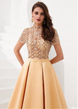 Tulle & Satin High Collar Gold  A-line Prom Dress