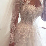 Ball Gown Illusion Jewel Long Sleeves Wedding Dress with Beading Appliques