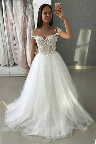 Appliques Cap Sleeves A-Line Tulle Lace Wedding Dress