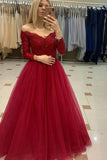 Long Sleeves Tulle Burgundy Off The Shoulder Lace Prom Dress
