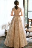 Cap Sleeves High Low Lace Unique High Neck Gold Long Prom Dress