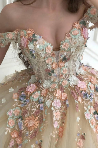 Off The Shoulder Flower Colorful Tulle Romantic Ball Gown Wedding Dress