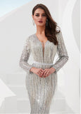 Sequin Lace V-neck Silver Long Mermaid Evening Dress