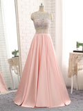 Pink Satin Two Piece Backless Prom Dress