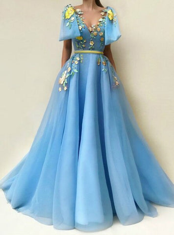 Blue Tulle Floor-length Embroidery A Line Prom Dress With Pockets
