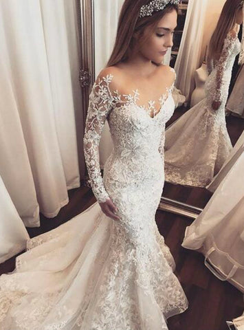 Sheer Long Sleeve Lace Appliques Gorgeous Wedding Dresses