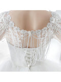 Beading Flowers Tiered Tulle 3/4 Length Sleeve Wedding Dress