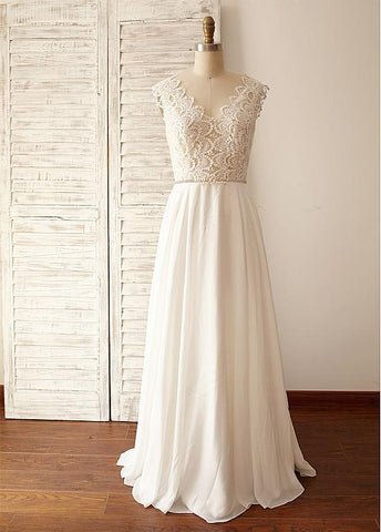 Chiffon V-neck A-line Wedding Dresses With Lace Appliques