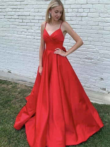  Long A Line V Neck Red Satin Prom Dress With Bowknot