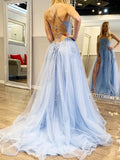  Spagehtti Straps Appliques A-Line Blue Tulle Prom Dress