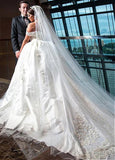 Off-the-shoulder Neckline Ball Gown Wedding Dress With Beaded Lace Appliques
