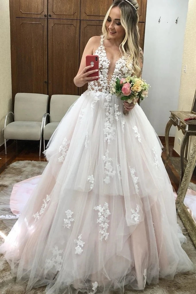 Appliques Tulle Ruffles V Neck See Through Backless Wedding Dress 2021 ...