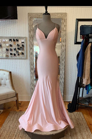 V Neck Lace-Up Back Sexy Mermaid Pink Long Prom Dress
