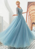 Blue Glittering Puffy Ball Gown Prom Dress With Beadings