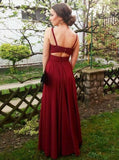 A-Line Burgundy Chiffon V-neck Pleats Long Prom Dress