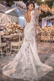 Lace Open Back See Through Long Sleeve V-neck Wedding Dress