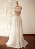 Chiffon Halter A-line Wedding Dress With Lace & Beadings