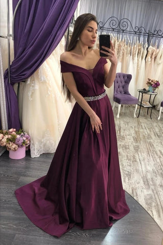 Beading Crystal Purple Long Off The Shoulder Satin Prom Dress
