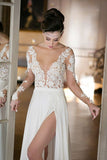 Long Sleeve Sexy Slit V-neck Chiffon Bridal Simple Wedding Dress