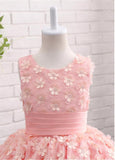 Fancy Tulle Scoop Neckline Ball Gown Flower Girl Dresses With Handmade Flowers