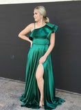 A-Line Green Long Satin One Shoulder Prom Dress With Side Split