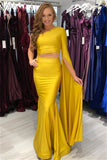 One-Shoulder Long Sleeves Yellow Two-Pieces Mermaid Prom Dress