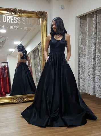 Satin Open Back A-Line Black Prom Dress With Pocket