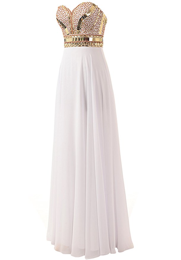 Long Beaded White Prom Dresses Featuring Sweetheart Neckline Long