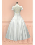 Sheer Back Satin Buttons Tea Length Cap Sleeves Wedding Dress