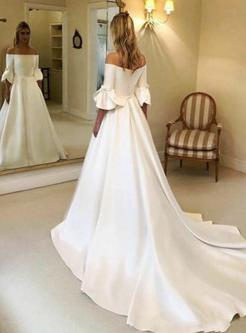 Short Sleeve A-Line White Satin Off the Shoulder Wedding Dress