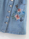 Embroidered Single-Breasted Denim Skirt