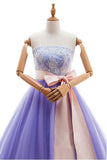 Appliques Long Purple Tulle Lace Prom Dress With Belt