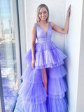 A-Line Purple Tiered Hi Lo Tulle V-neck Beading Prom Dress