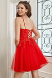 Open Back Red Lace Short Appliques Homecoming Dress