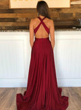 Burgundy Satin Deep V-neck Backless A-Line Prom Dress With Side Split