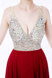 Red Deep V-neck Beaded Jewelry Prom Dress