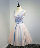 Blue Pink V Neck Tulle Lace Applique Short Prom Homecoming Dress