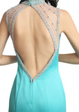 Graceful Silk Satin Illusion High Collar Cut-out Back Sheath Evening Dresses With Slit