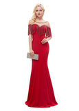 Satin Bateau Short Sleeve Red Beading Mermaid Evening Dress
