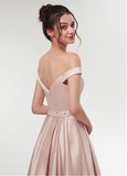 Burgundy Satin Off-the-shoulder Neckline A-line Prom Dress With Beadings