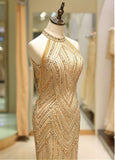 Tulle Jewel Beading Gold Mermaid Evening Dress