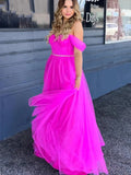 Fuchsia Tulle Beading Off Shoulder Long Prom Dress